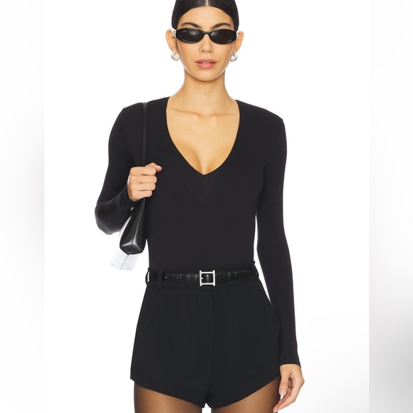 COMMANDO Ballet Center Seam Bodysuit Women's Black Long-Sleeve V-Neck Top One Sz